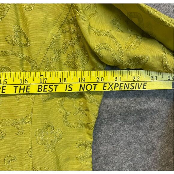 CHICO’S Silk Linen Jacket Size 1 (8/M) Chartreuse Embroidered Open Front Green - Picture 8 of 11